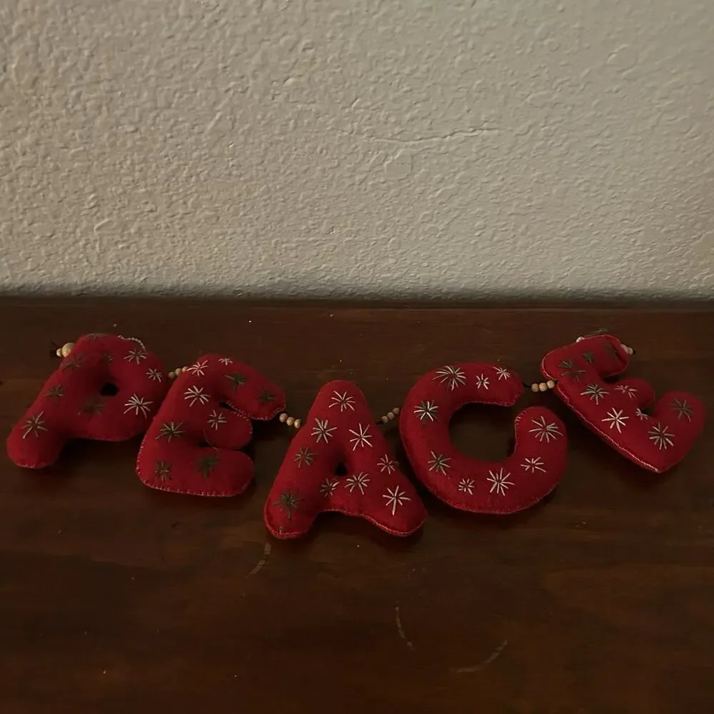 Vintage Plush Christmas Peace Banner Red Felt Embroidered Wood Beads 14”